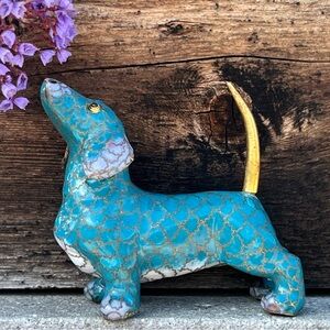 Vintage Cloisonné Turquoise Dachshund Dog Figurine – 3.25”
